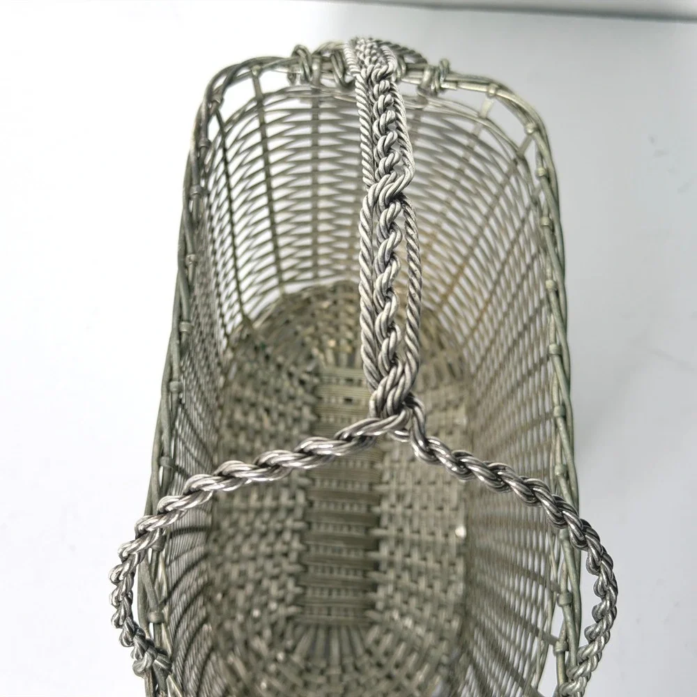 Vintage Japan Silver Plate Woven Wire Wine Bottle Basket Holder Braided Handle
